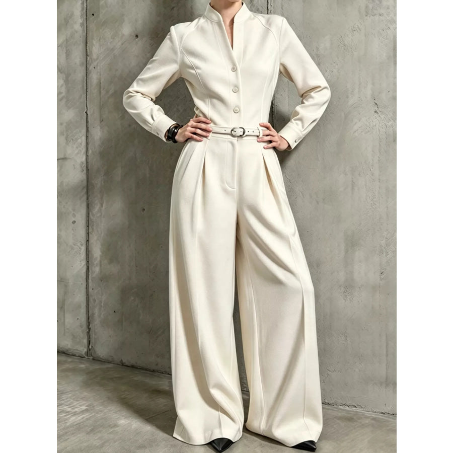 Button Front Wide-Leg Jumpsuit White / XS Apparel and Accessories