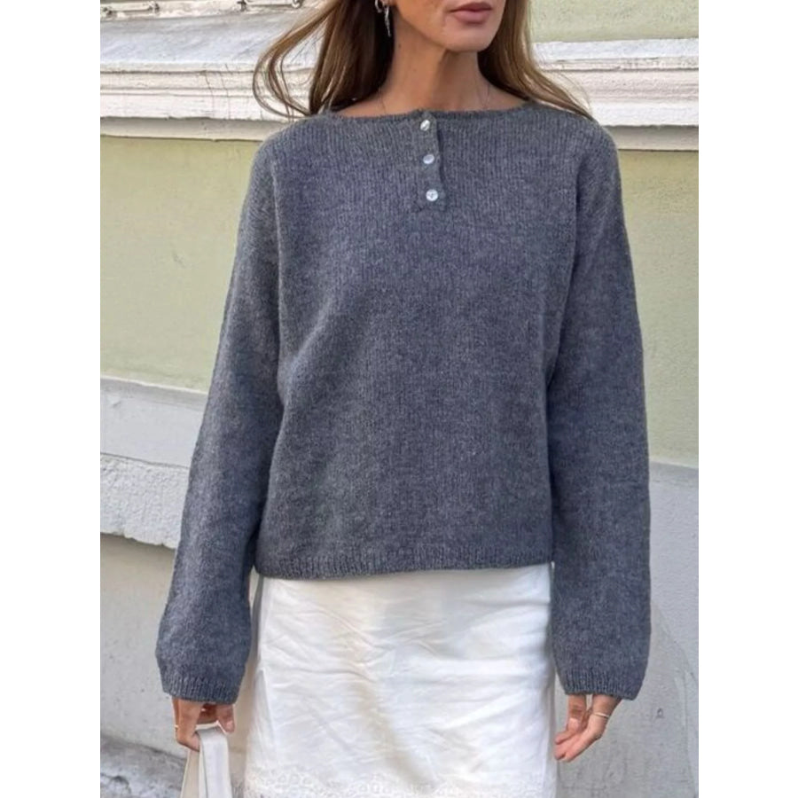 Button-Placket Round Neck Drop Shoulder Knit Top Apparel and Accessories