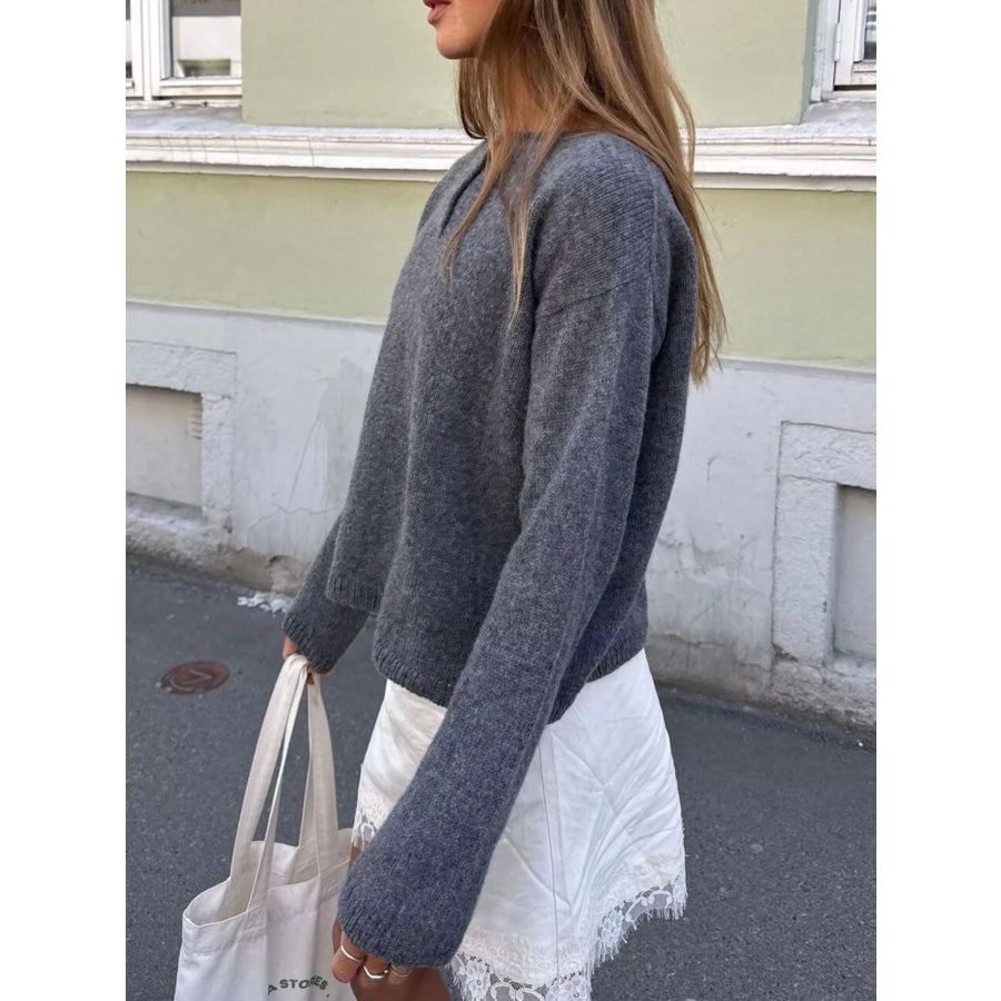 Button-Placket Round Neck Drop Shoulder Knit Top Apparel and Accessories