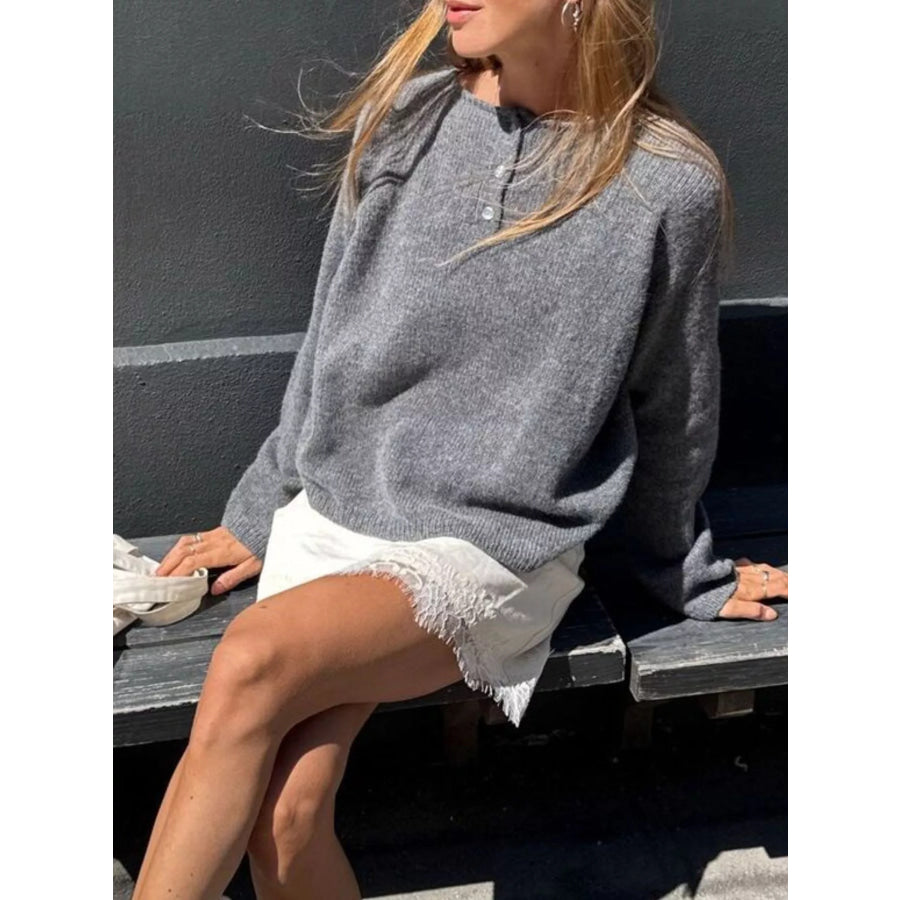Button-Placket Round Neck Drop Shoulder Knit Top Apparel and Accessories
