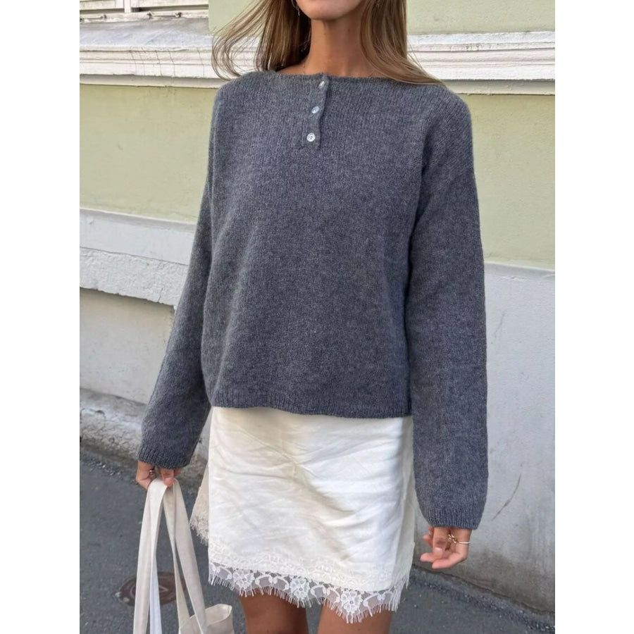 Button-Placket Round Neck Drop Shoulder Knit Top Apparel and Accessories