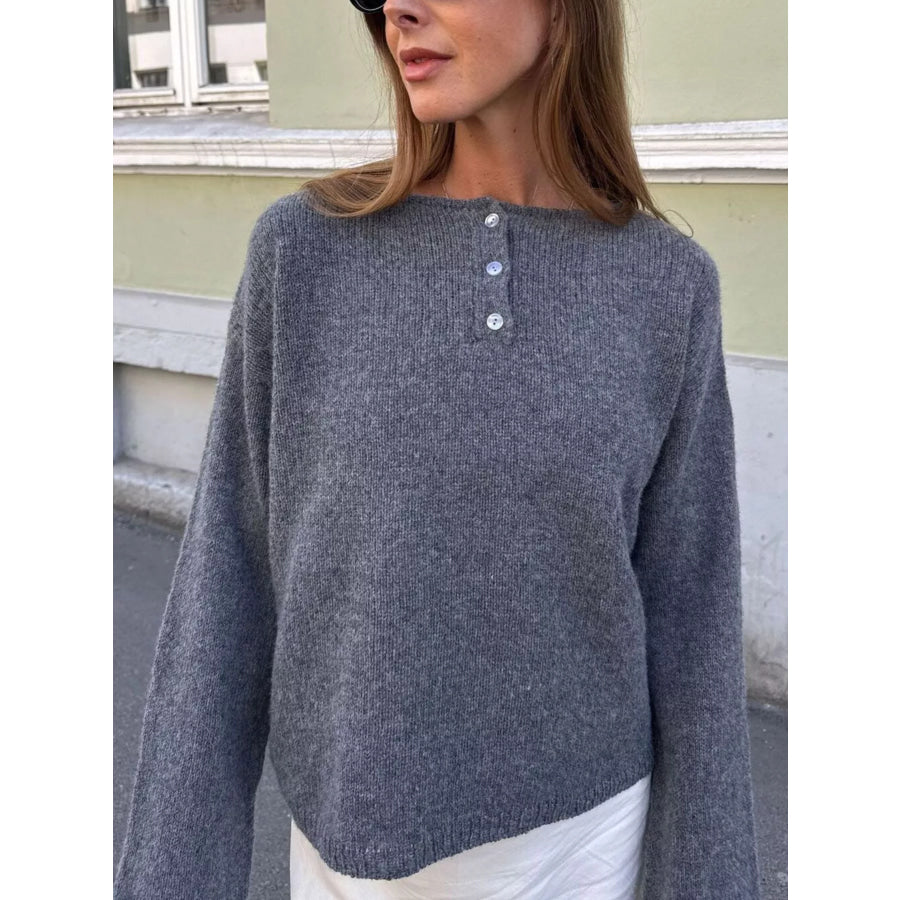 Button-Placket Round Neck Drop Shoulder Knit Top Apparel and Accessories