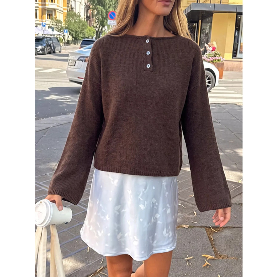 Button-Placket Round Neck Drop Shoulder Knit Top Dark Brown / S Apparel and Accessories