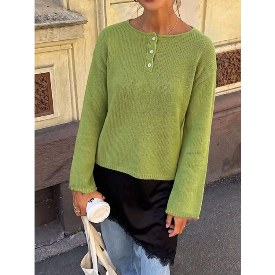 Button-Placket Round Neck Drop Shoulder Knit Top Green / S Apparel and Accessories