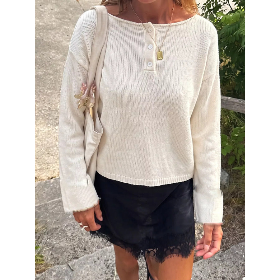 Button-Placket Round Neck Drop Shoulder Knit Top Off-white / S Apparel and Accessories