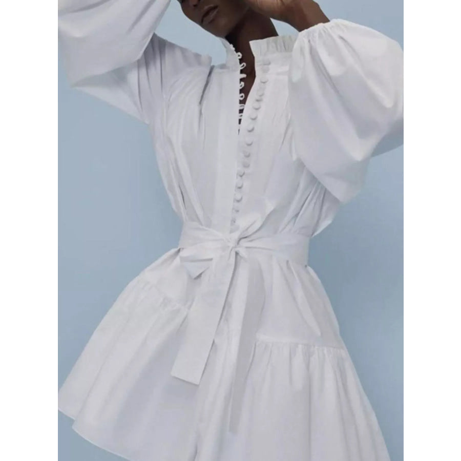Button-Up Balloon Sleeve Mini Dress Apparel and Accessories