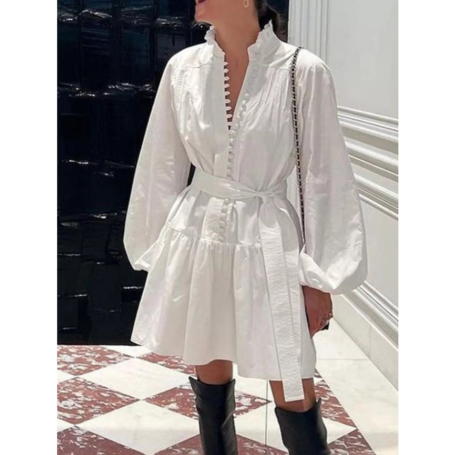 Button-Up Balloon Sleeve Mini Dress White / S Apparel and Accessories