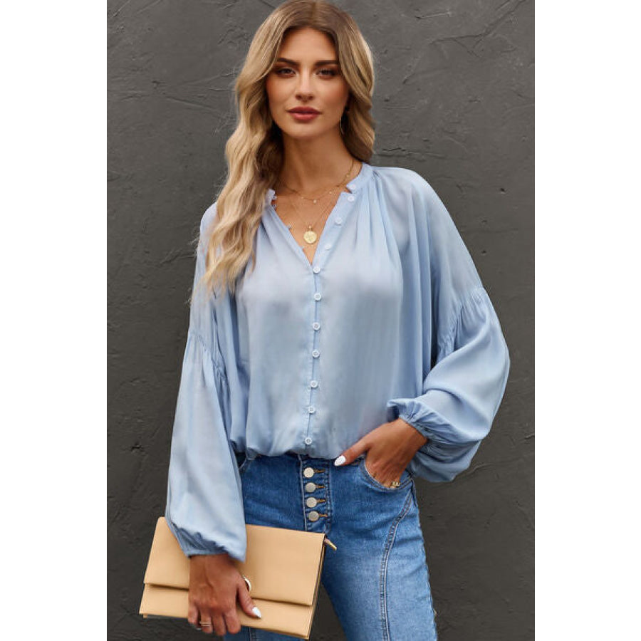 Button Up Balloon Sleeve Shirt Apparel and Accessories