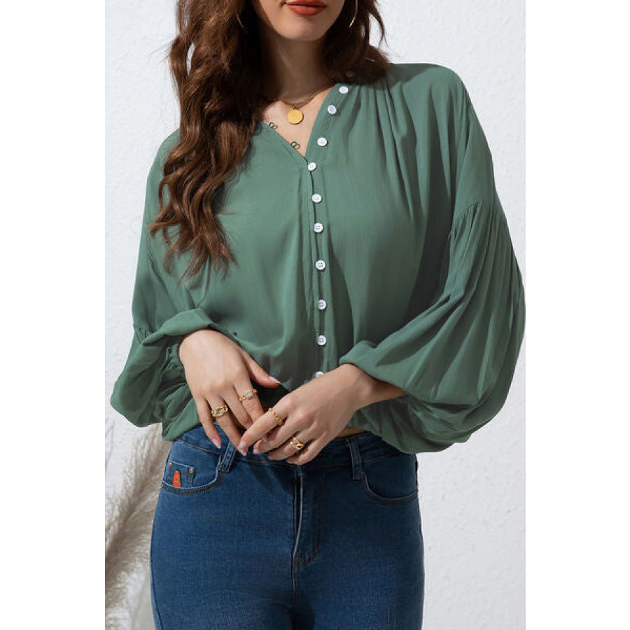 Button Up Balloon Sleeve Shirt Apparel and Accessories