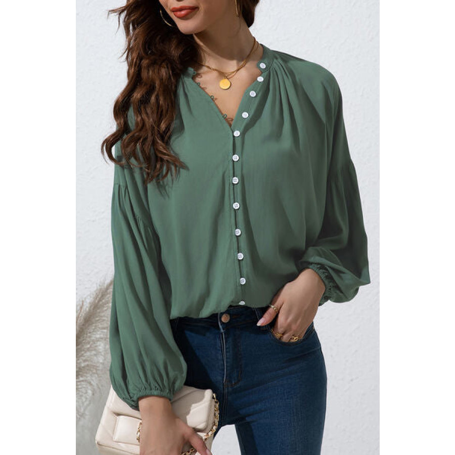 Button Up Balloon Sleeve Shirt Apparel and Accessories