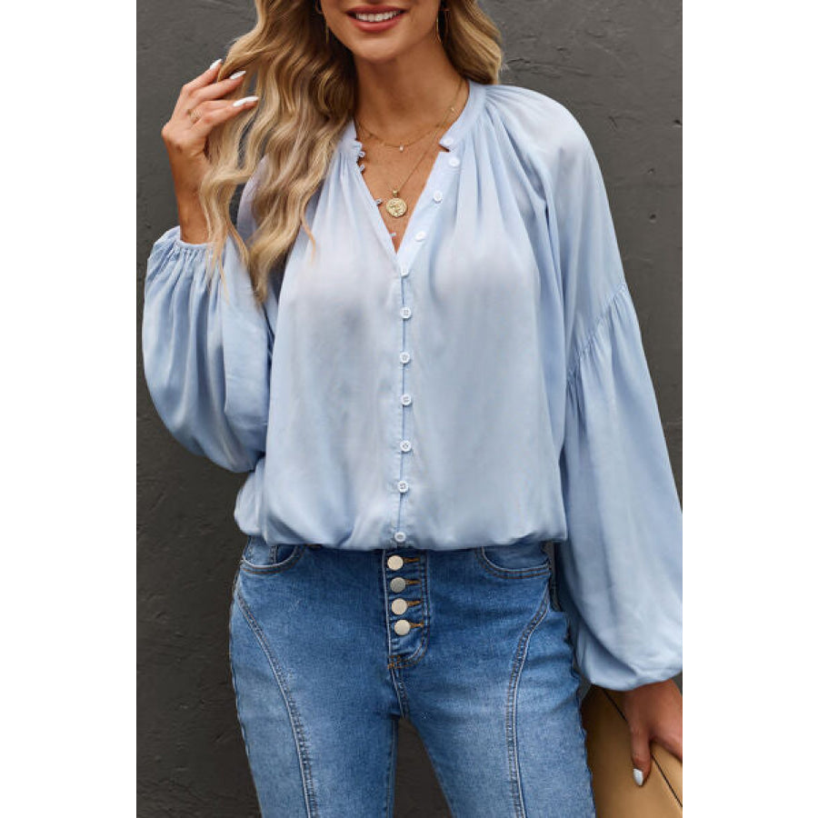 Button Up Balloon Sleeve Shirt Misty Blue / M Apparel and Accessories