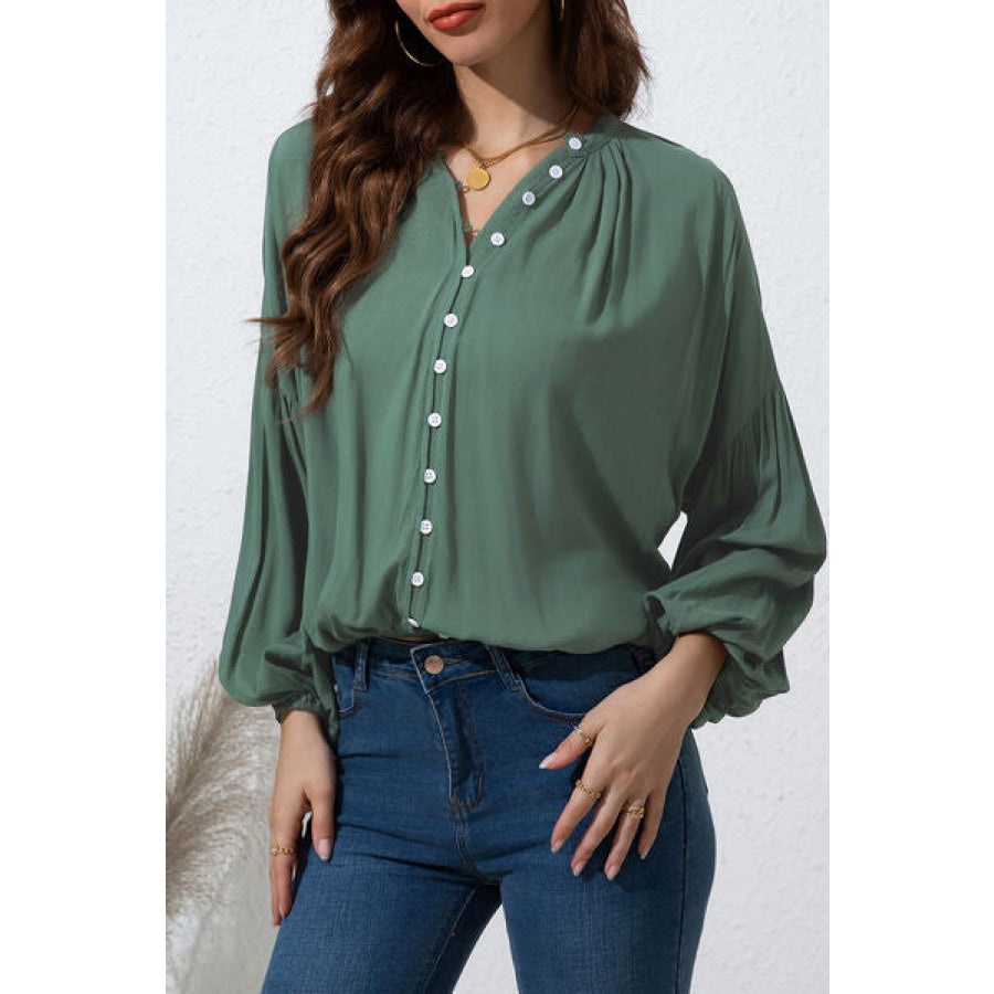 Button Up Balloon Sleeve Shirt Sage / M Apparel and Accessories