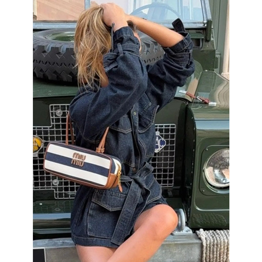 Button Up Belted Denim Jacket Apparel and Accessories