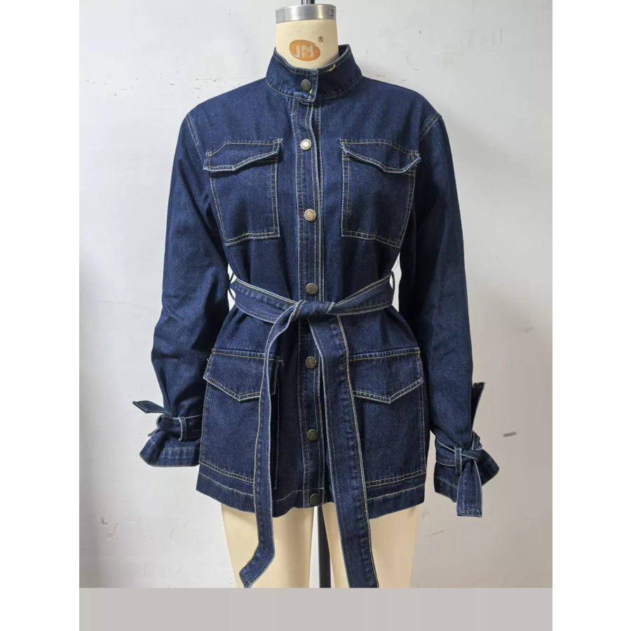 Button Up Belted Denim Jacket Apparel and Accessories