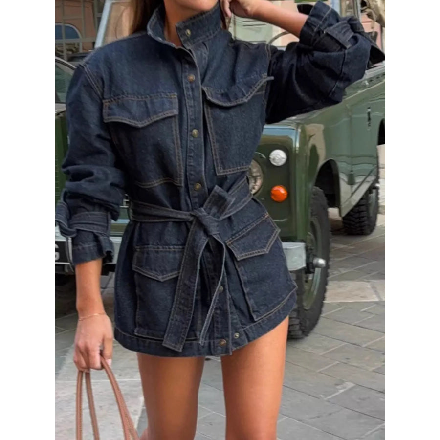 Button Up Belted Denim Jacket Apparel and Accessories