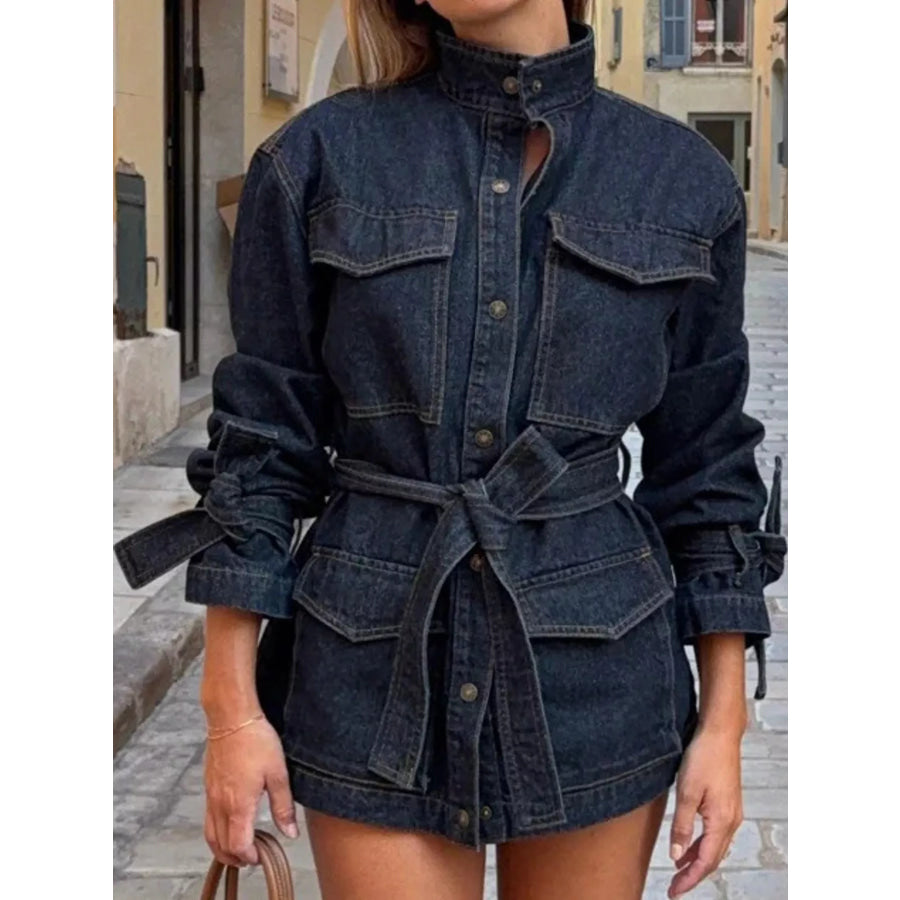 Button Up Belted Denim Jacket Apparel and Accessories