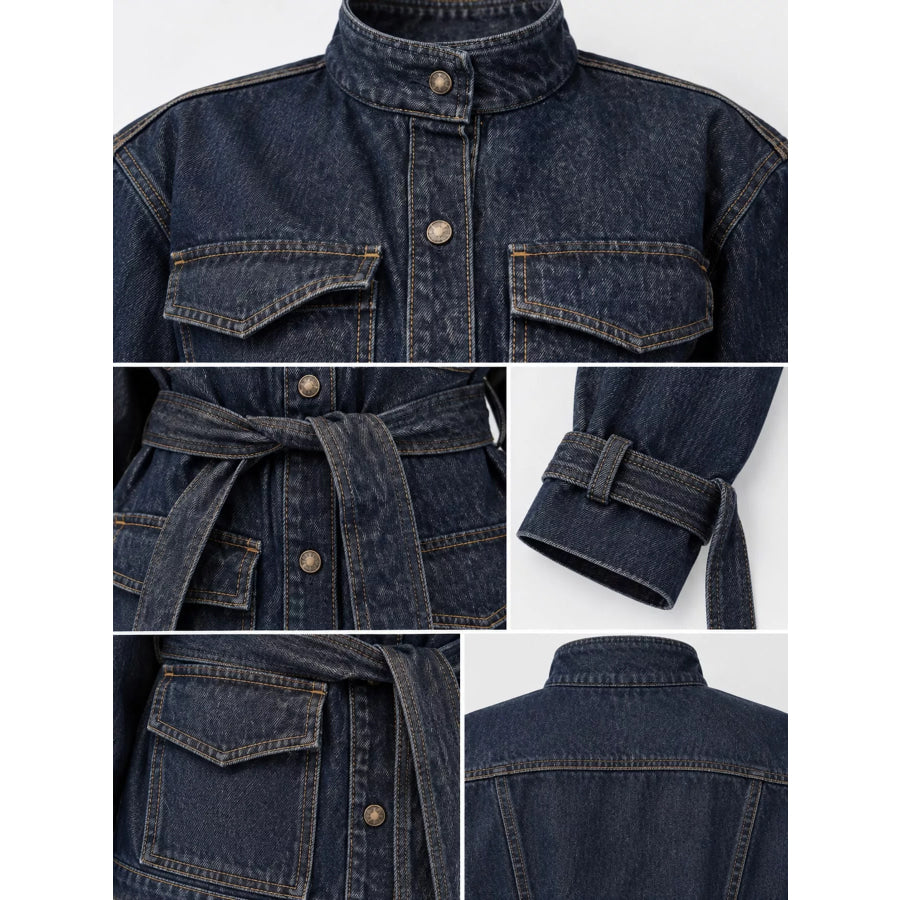 Button Up Belted Denim Jacket Apparel and Accessories