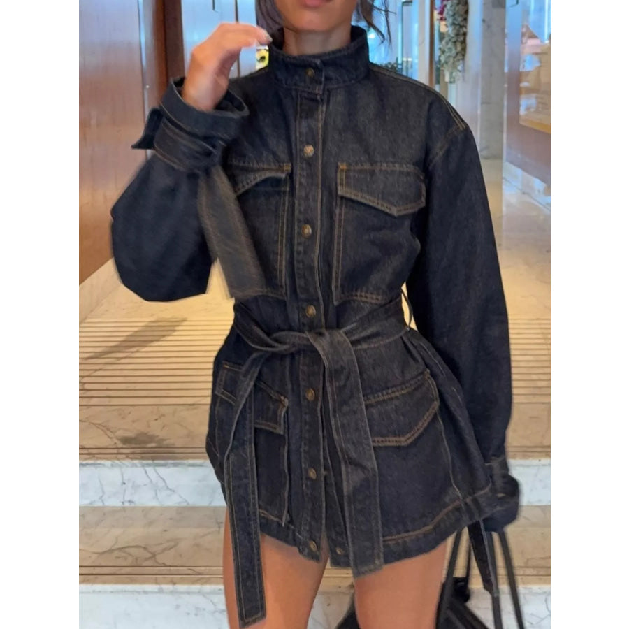 Button Up Belted Denim Jacket Blue / S Apparel and Accessories
