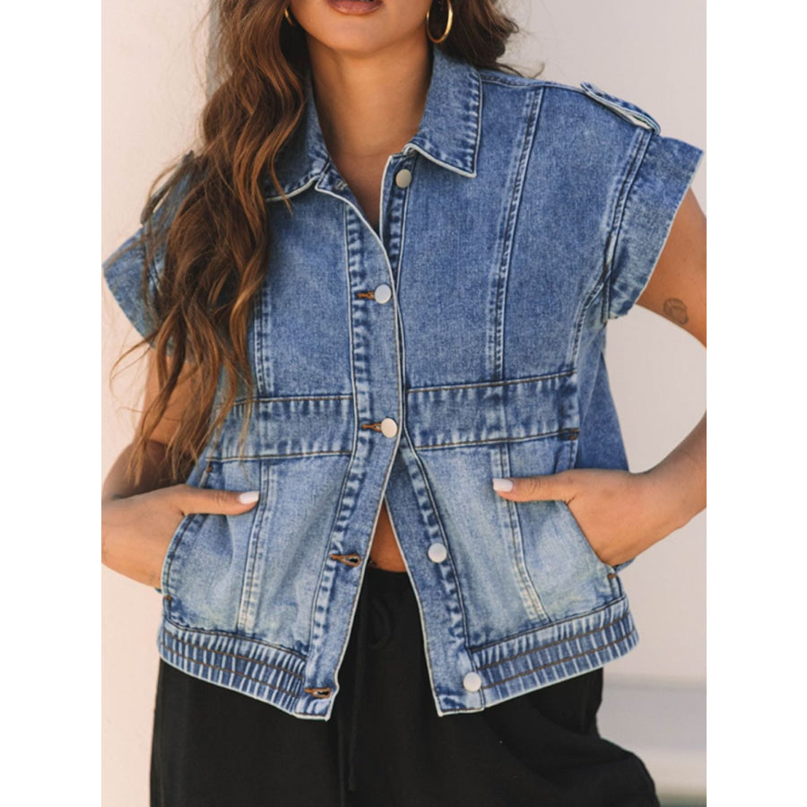 Button Up Cap Sleeve Denim Jacket Apparel and Accessories