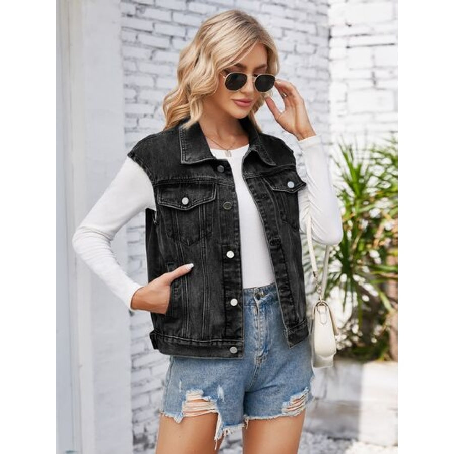 Button Up Cap Sleeve Denim Jacket Apparel and Accessories