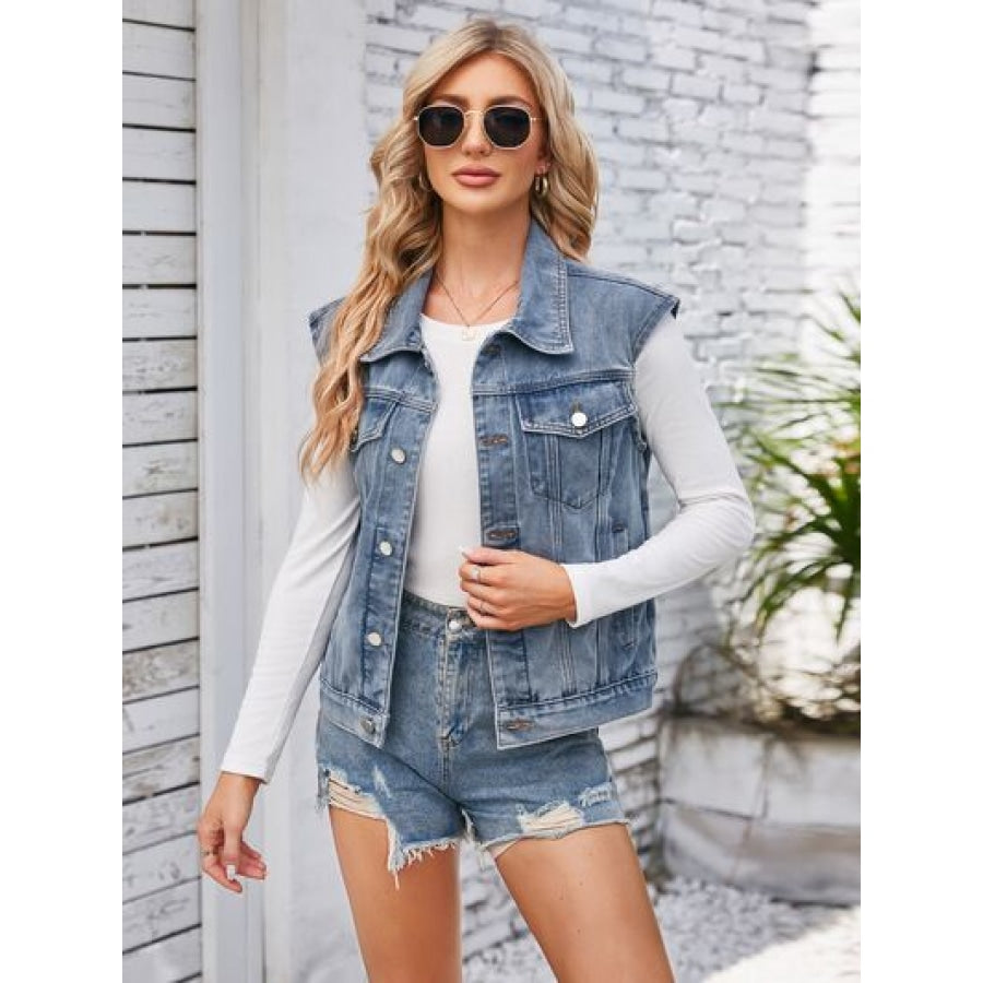 Button Up Cap Sleeve Denim Jacket Apparel and Accessories