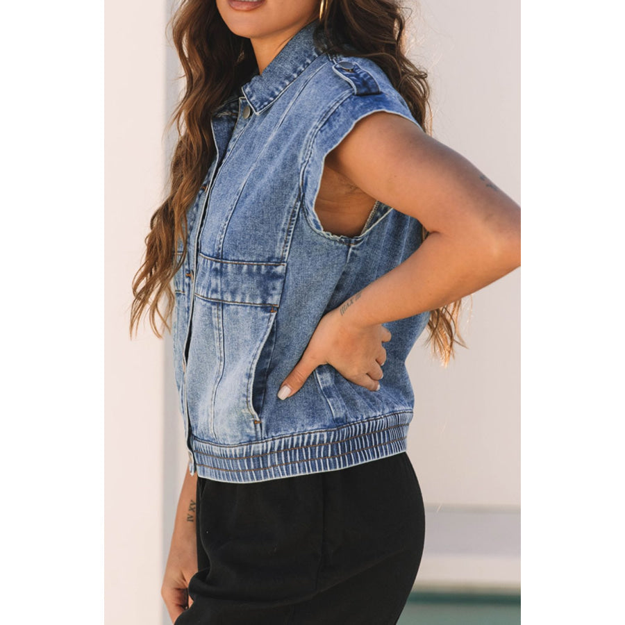 Button Up Cap Sleeve Denim Jacket Apparel and Accessories