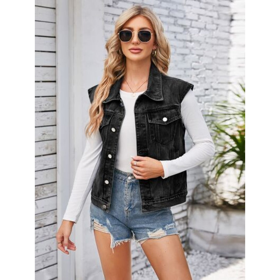 Button Up Cap Sleeve Denim Jacket Black / S Apparel and Accessories