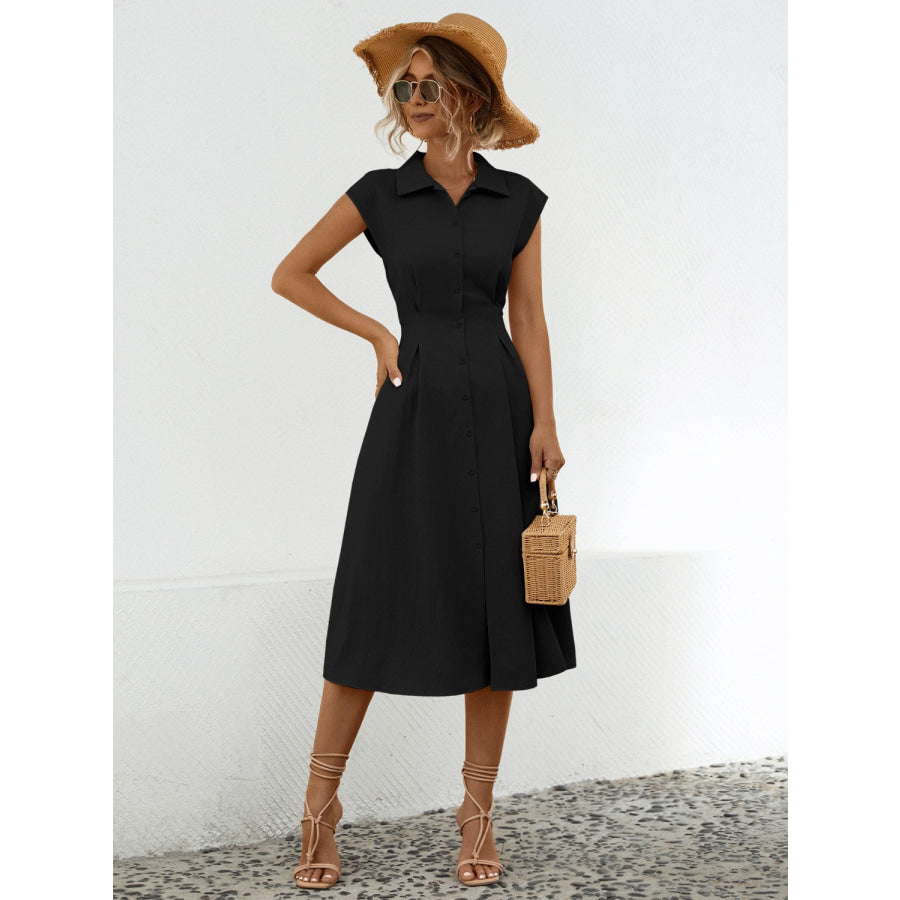 Button Up Cap Sleeve Midi Dress Apparel and Accessories