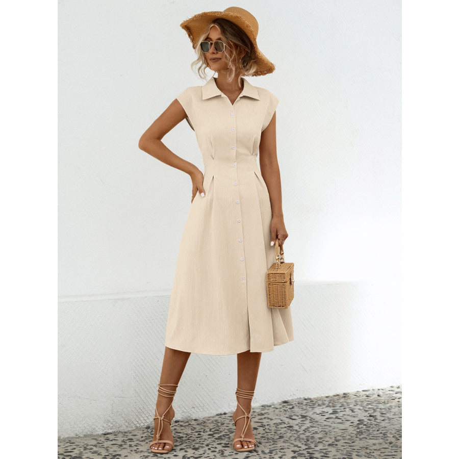 Button Up Cap Sleeve Midi Dress Apparel and Accessories