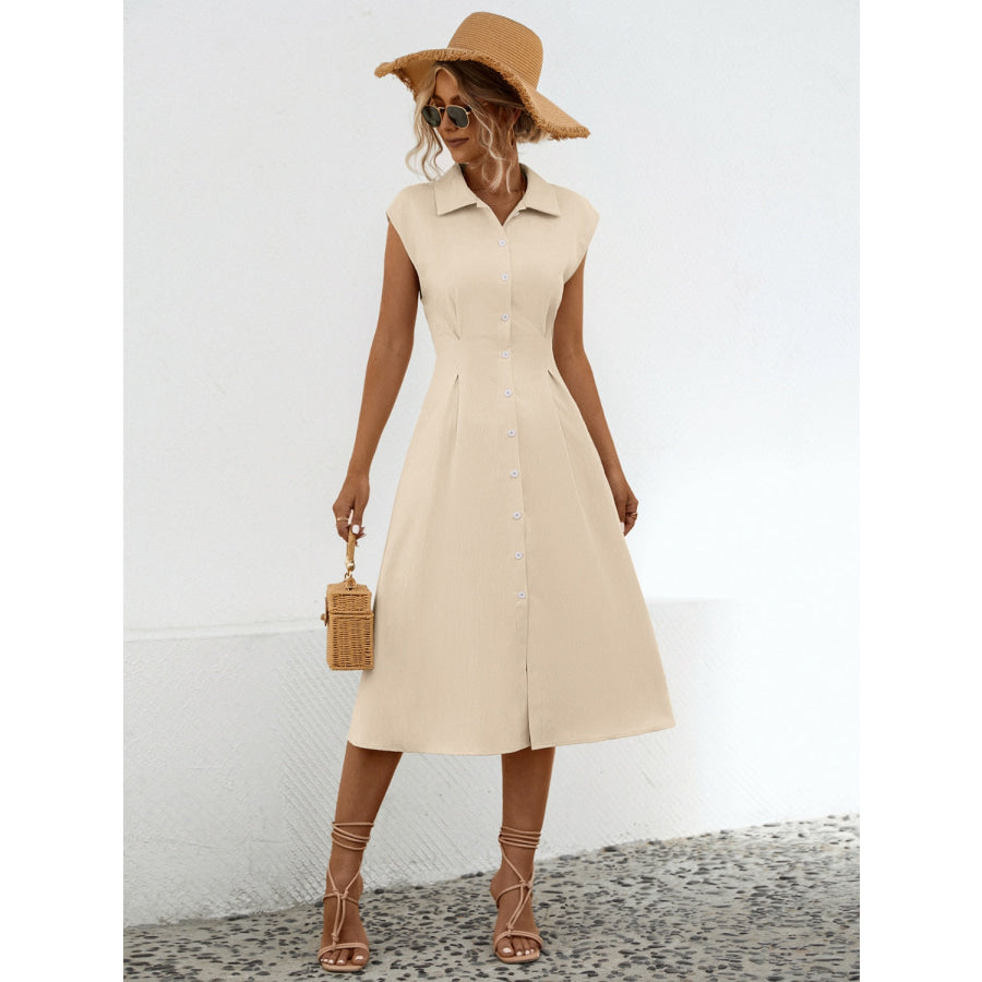 Button Up Cap Sleeve Midi Dress Apparel and Accessories