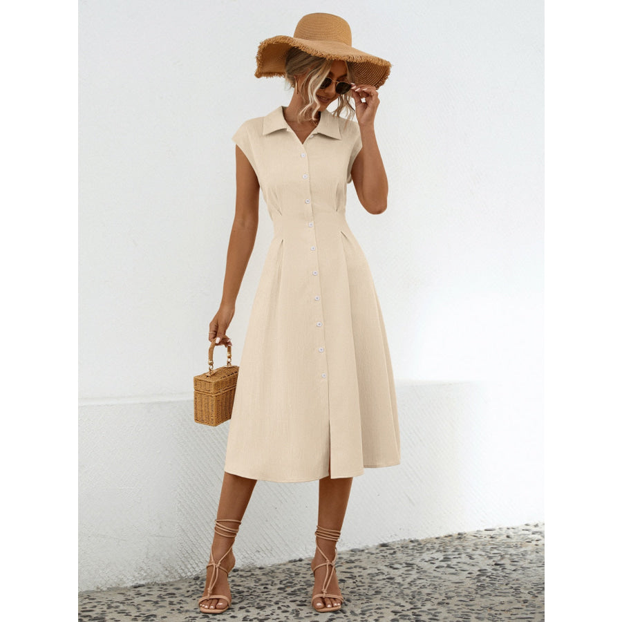 Button Up Cap Sleeve Midi Dress Apparel and Accessories