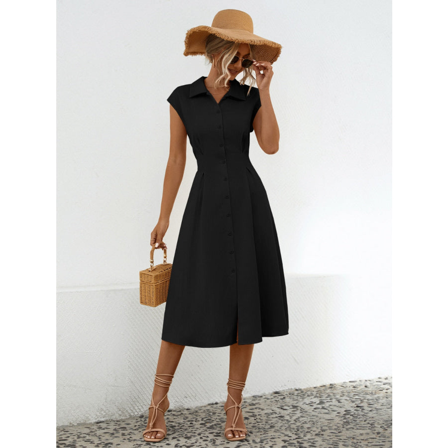 Button Up Cap Sleeve Midi Dress Apparel and Accessories