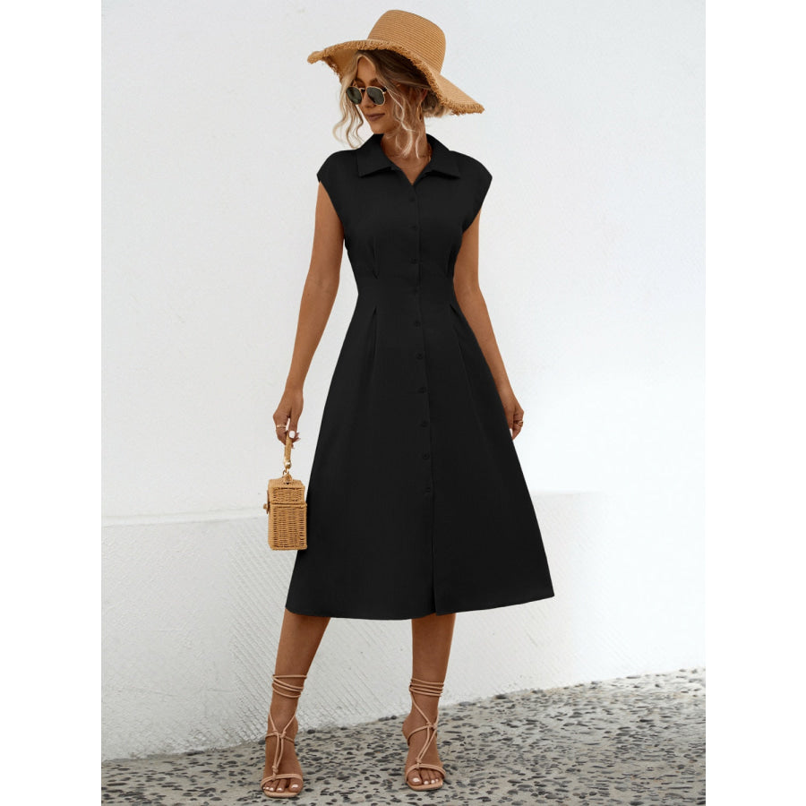 Button Up Cap Sleeve Midi Dress Apparel and Accessories