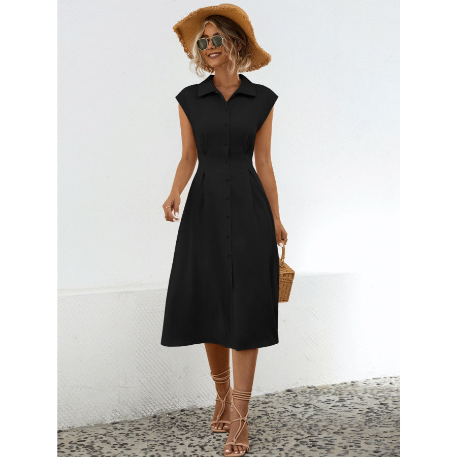 Button Up Cap Sleeve Midi Dress Black / S Apparel and Accessories