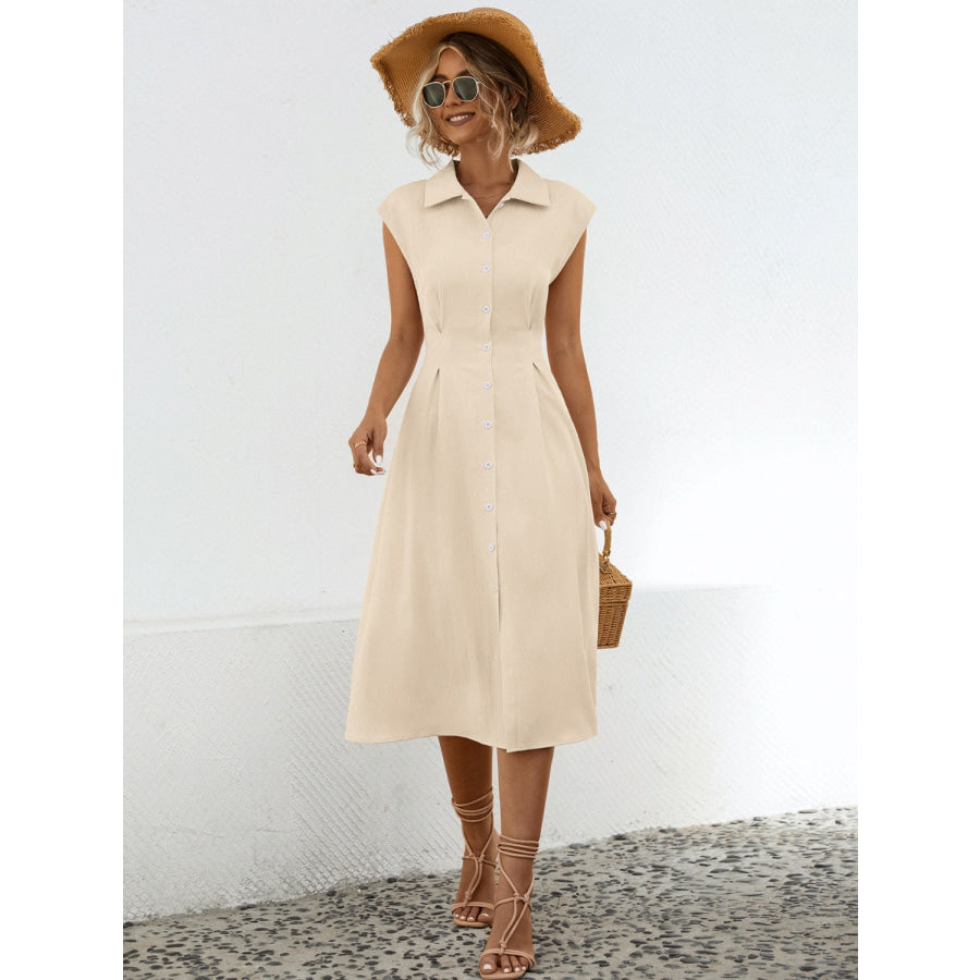 Button Up Cap Sleeve Midi Dress Sand / S Apparel and Accessories