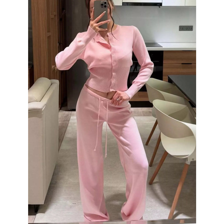 Button Up Cardigan and Pants Knit Set Dusty Pink / S Apparel and Accessories