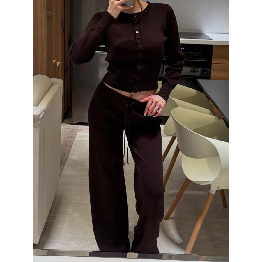 Button Up Cardigan and Pants Knit Set Coffee Brown / S Apparel and Accessories