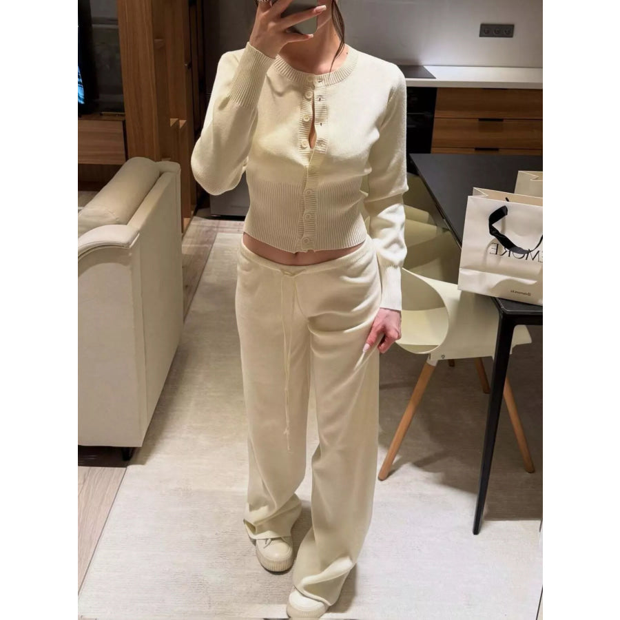 Button Up Cardigan and Pants Knit Set Cream / S Apparel and Accessories