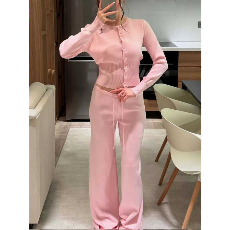 Button Up Cardigan and Pants Knit Set Dusty Pink / S Apparel and Accessories