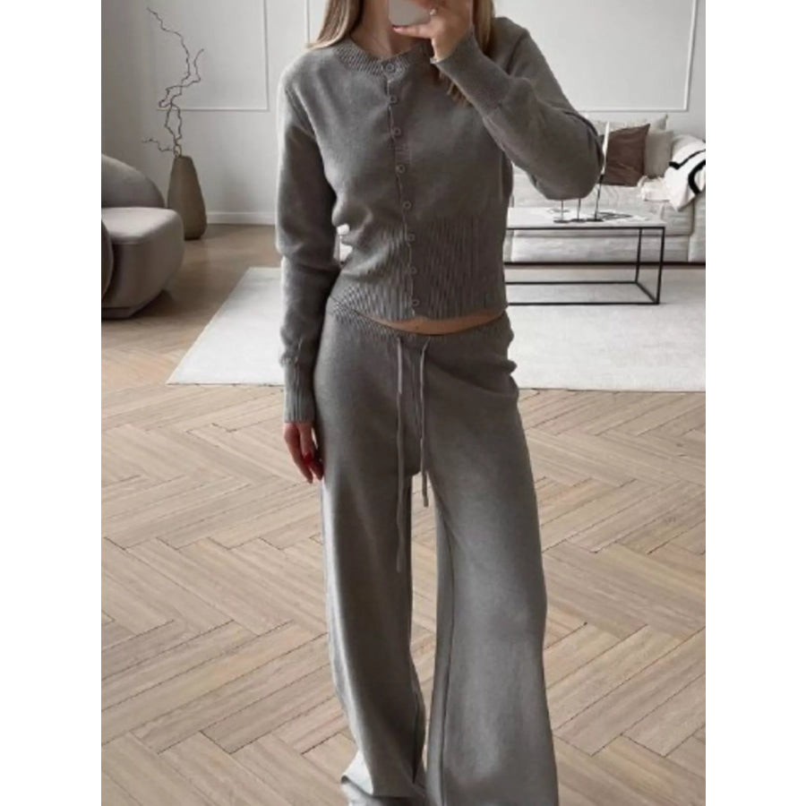 Button Up Cardigan and Pants Knit Set Gray / S Apparel and Accessories