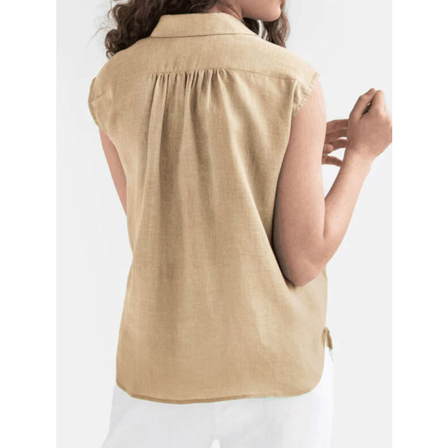 Button Up Collared Neck Cap Sleeve Shirt Tan / S Apparel and Accessories