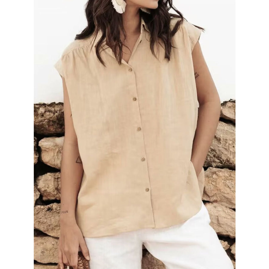 Button Up Collared Neck Cap Sleeve Shirt Tan / S Apparel and Accessories