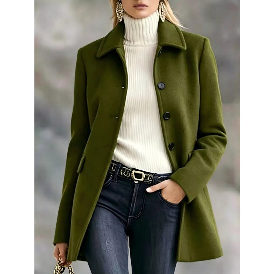 Button Up Collared Neck Coat Army Green / S Apparel and Accessories