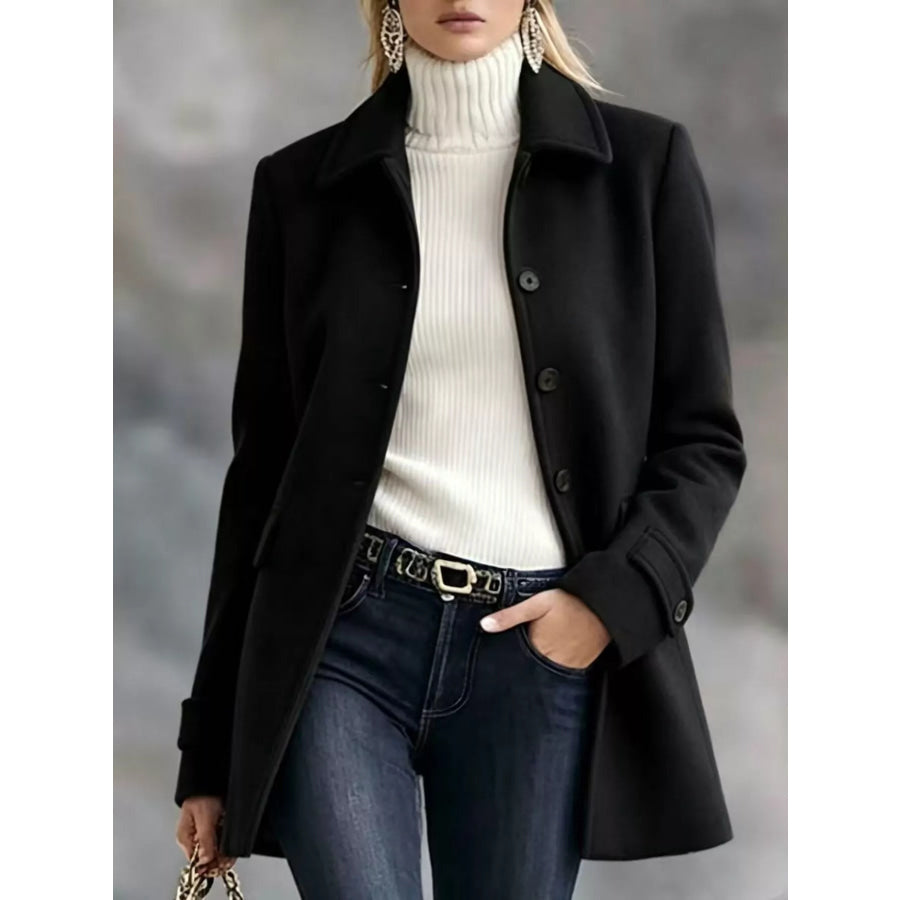 Button Up Collared Neck Coat Black / S Apparel and Accessories