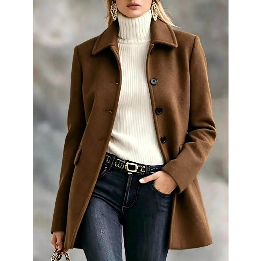 Button Up Collared Neck Coat Dark Brown / S Apparel and Accessories