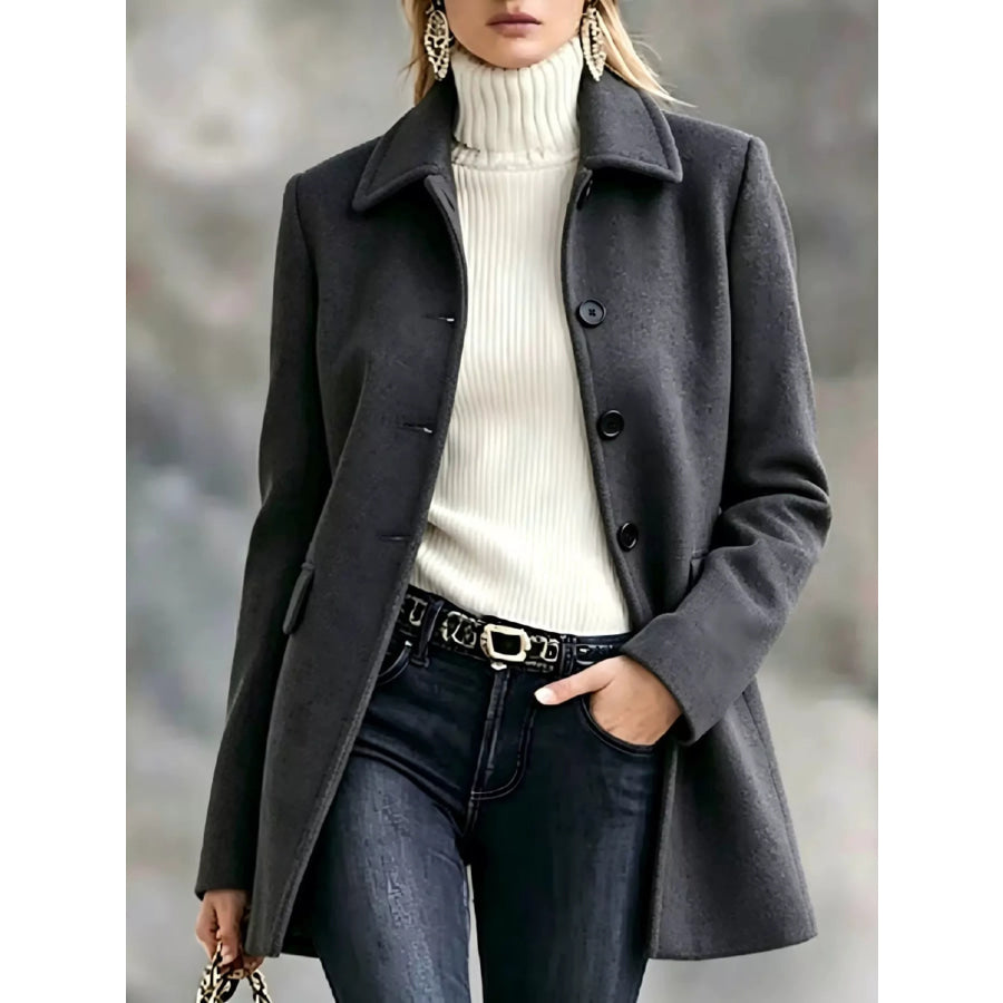 Button Up Collared Neck Coat Dark Gray / S Apparel and Accessories