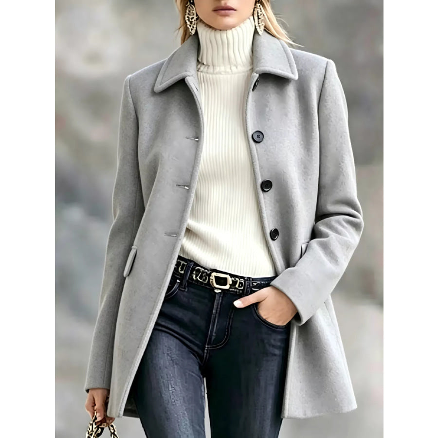 Button Up Collared Neck Coat Light Gray / S Apparel and Accessories