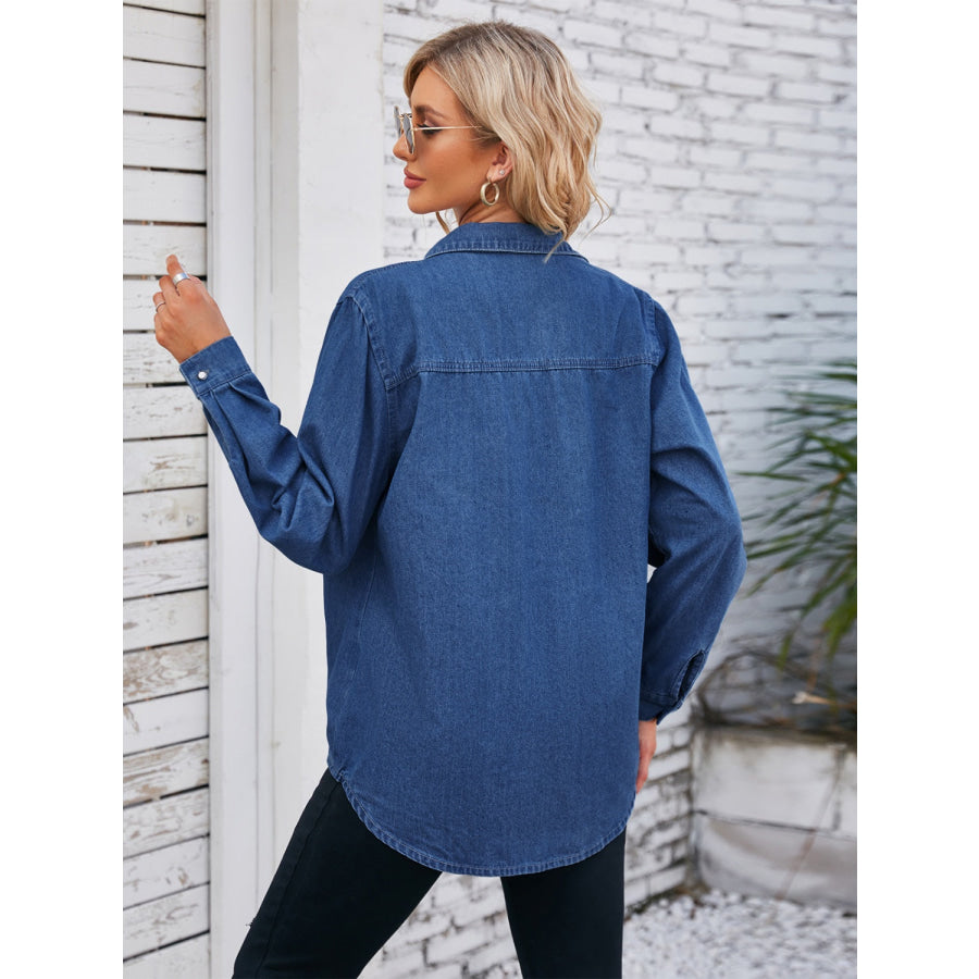 Button Up Collared Neck Denim Jacket Navy / S Apparel and Accessories