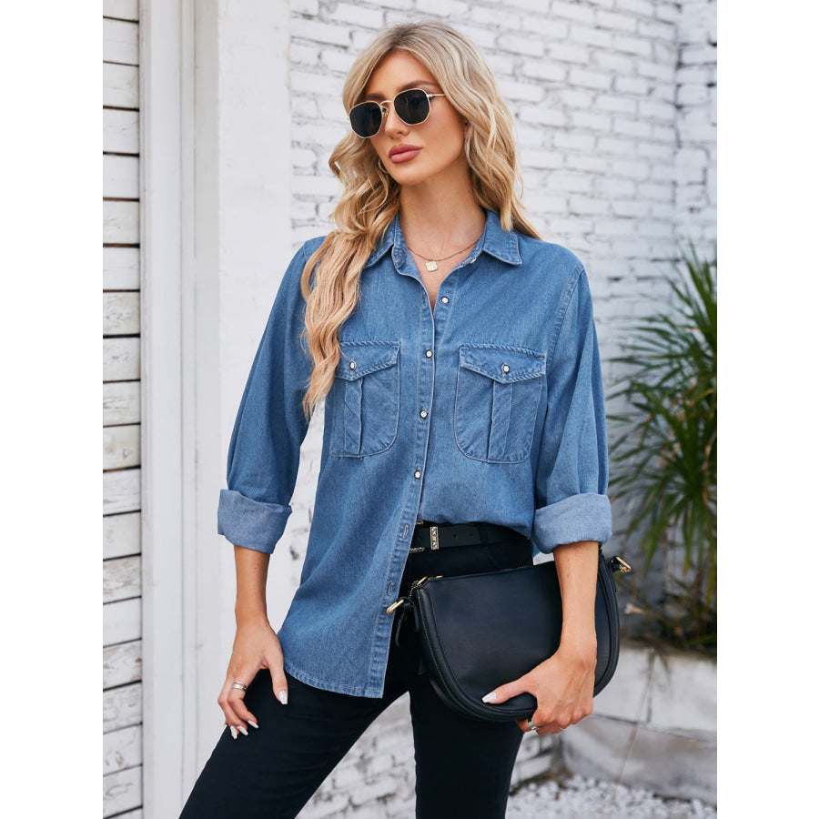 Button Up Collared Neck Denim Jacket Apparel and Accessories