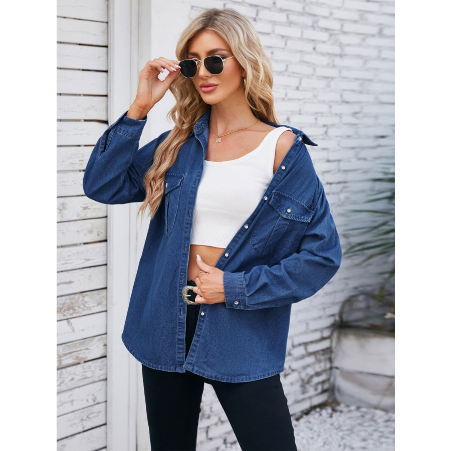 Button Up Collared Neck Denim Jacket Apparel and Accessories